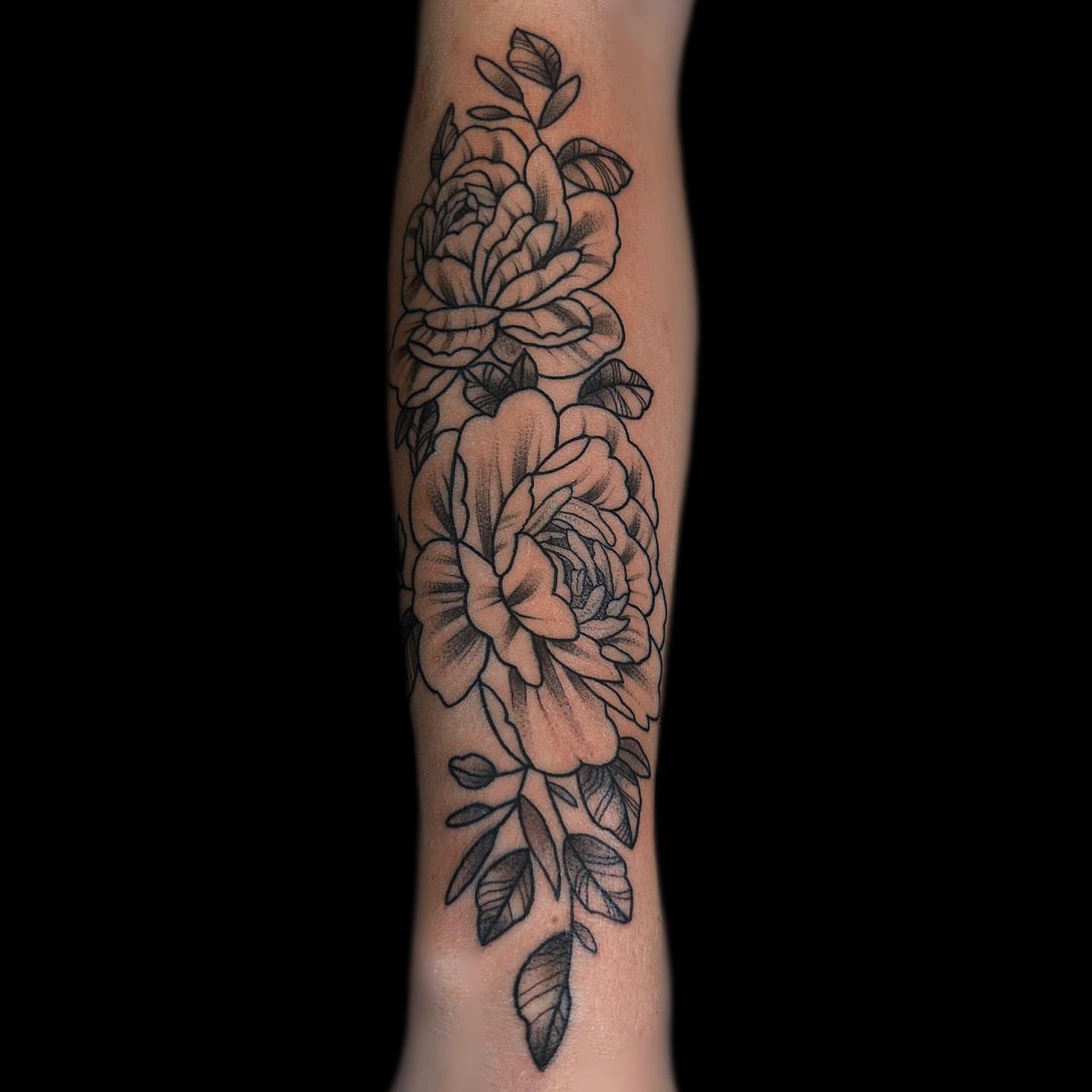Peony flowers black and grey tattoo on the forearm by โงโ โฑ โพ ๐ณ๐๐๐๐๐ โฆ โฑ โโง