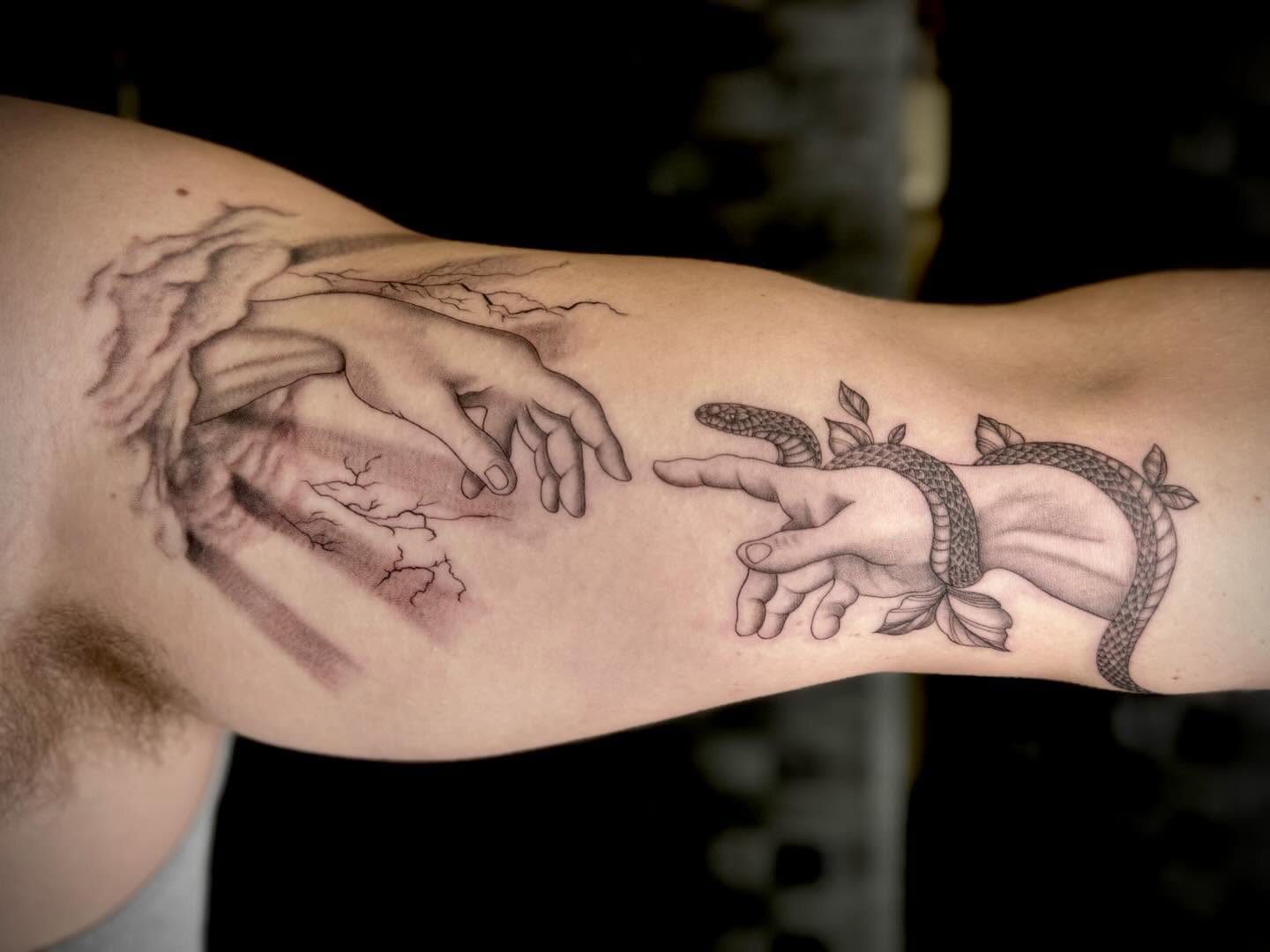 Snake and hand realism tattoo on the forearm by oh hey, robin.