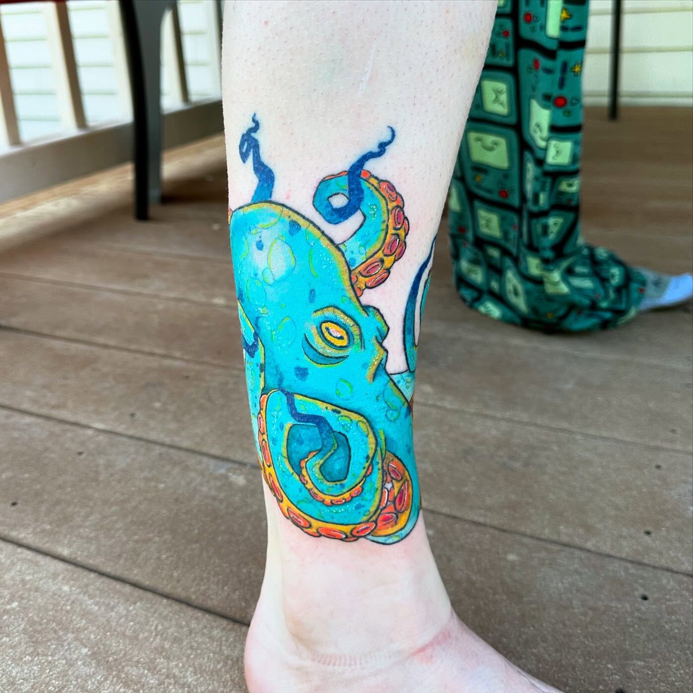 Octopus new school tattoo on the calf by manda, Lebanon, Ohio