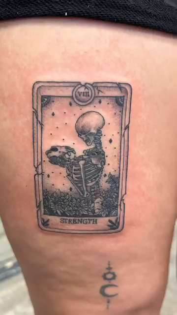 Tarot card with skeleton realism tattoo by Juan c munoz jr, Chicago, Illinois