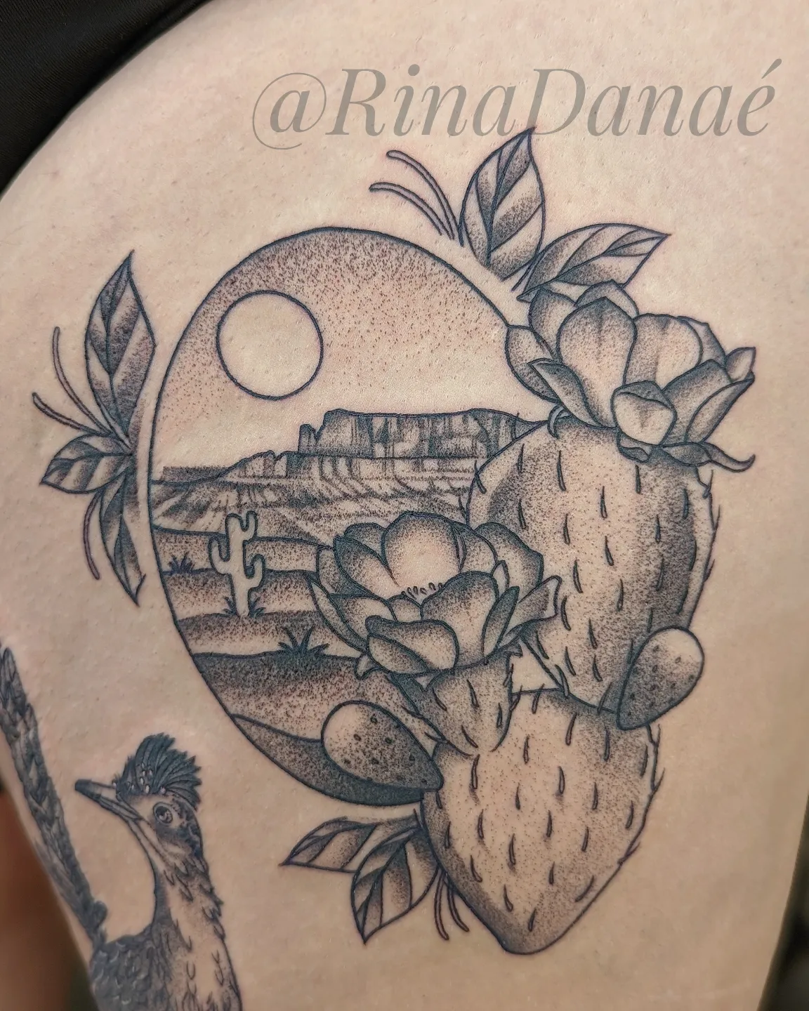 Desert landscape dotwork tattoo on the thigh by Rina Danaé Tattoo🌿