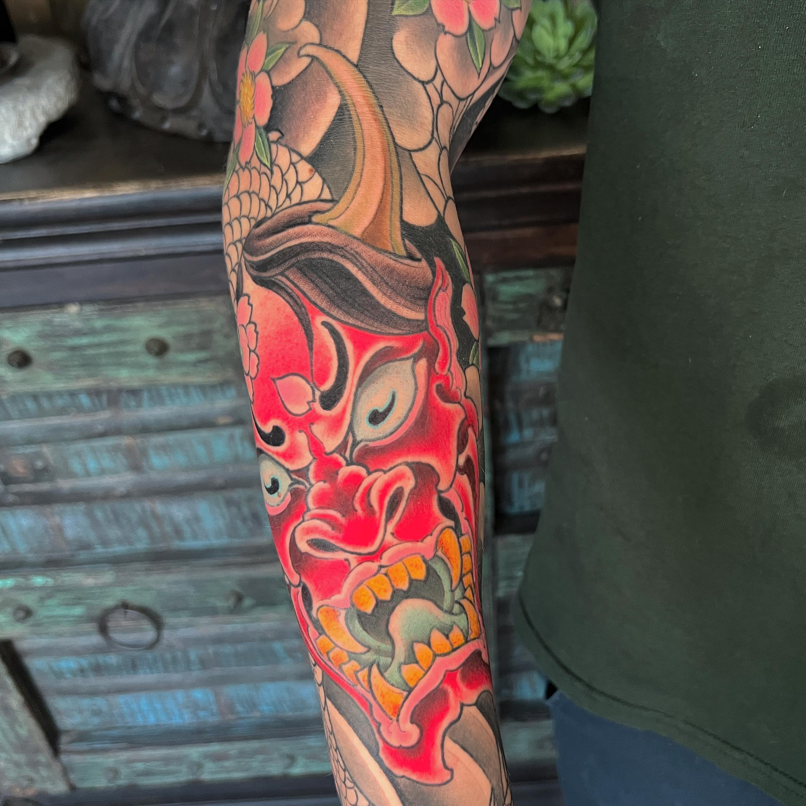 Demon mask japanese irezumi tattoo on the forearm by Byron Winkelman, Gilbert, Arizona