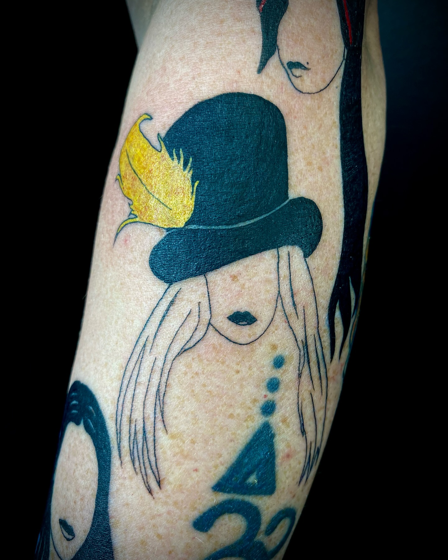 Woman wearing top hat dotwork tattoo on the forearm by 𝕷𝖚𝖈𝖎𝖉