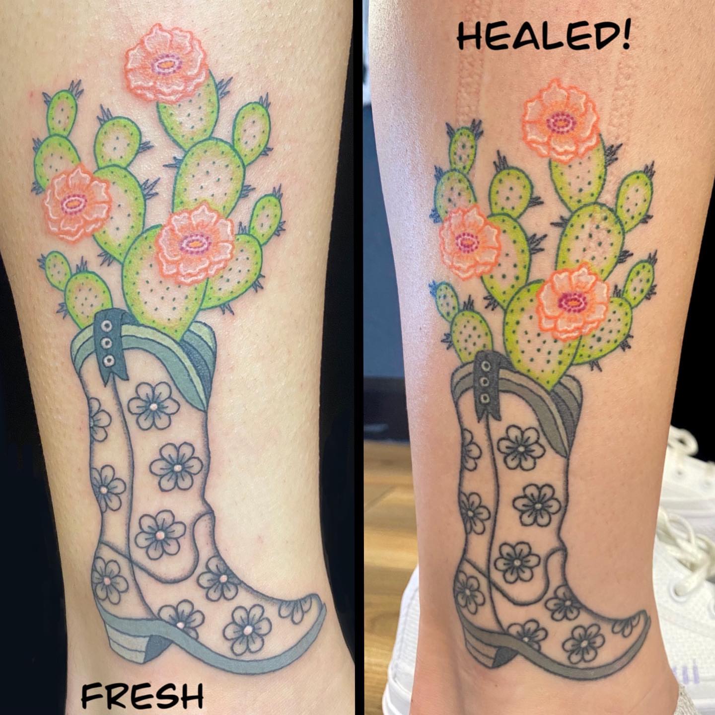 Cactus bouquet in cowboy boots American traditional tattoo on the forearm by Krista - Tattoo Artist