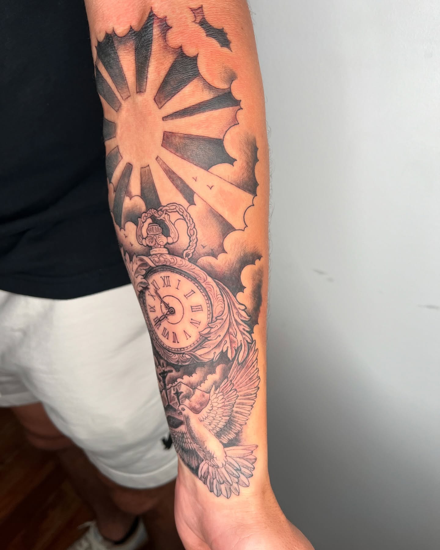Clock and eagle realism tattoo on the forearm by Vincent C DiBiaso, Covington, Kentucky