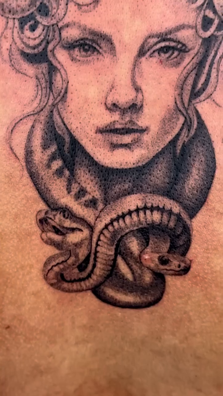 Medusa portrait realism tattoo by Mystikal Blue Casares