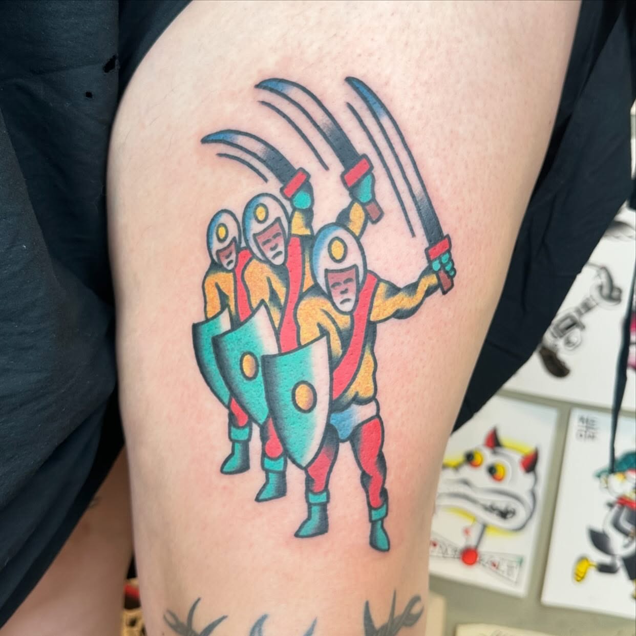 Robotic warriors American traditional tattoo on the thigh by Keon Ostby, Tempe, Arizona