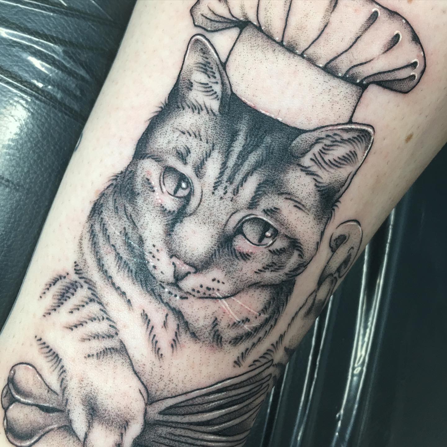 Cat dotwork tattoo on the forearm by Abbey Martin, Nashville, Tennessee