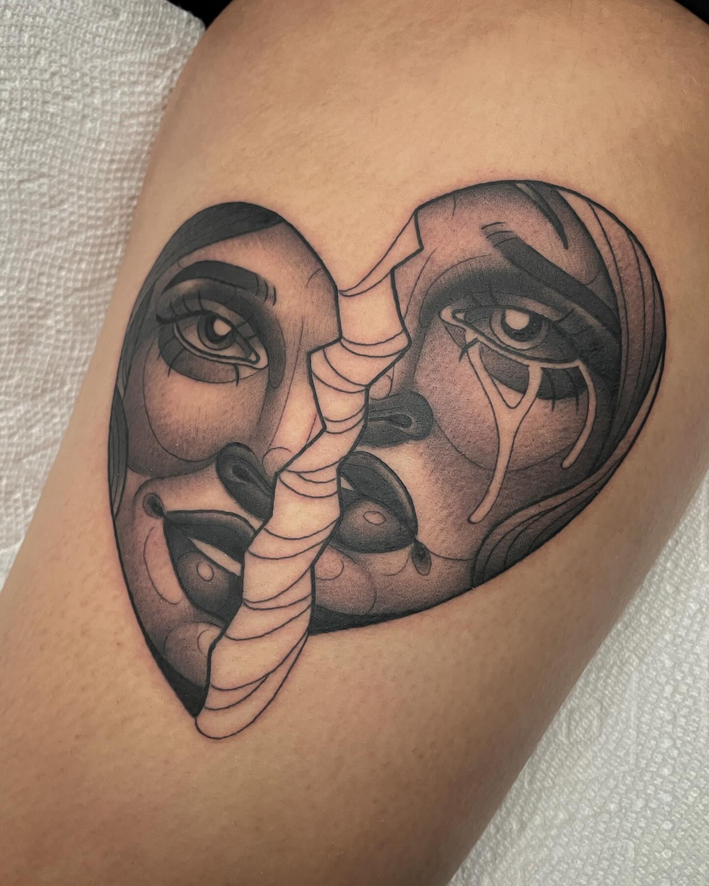 Abstract faces realism tattoo on the thigh by Amy Jean, Minneapolis, Minnesota