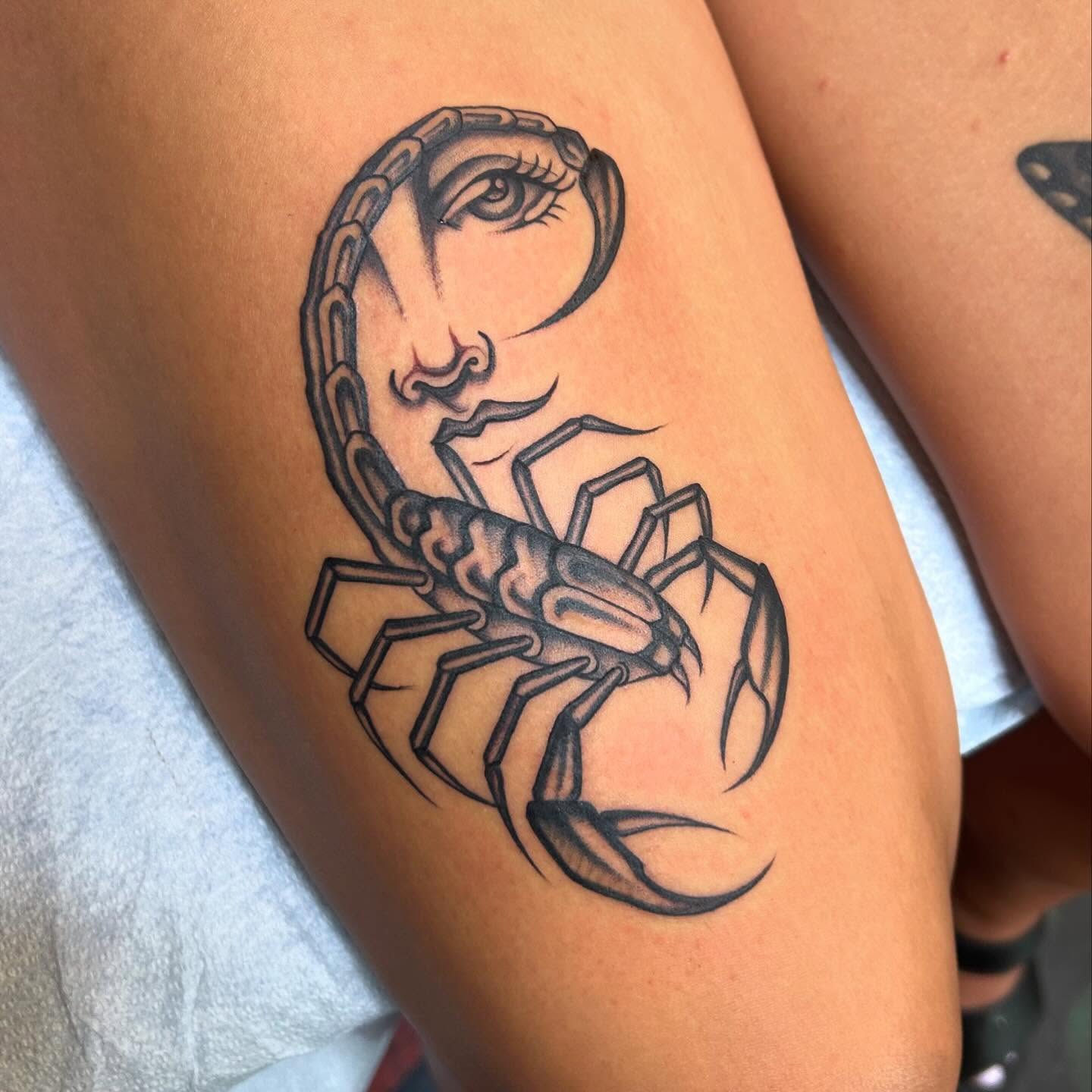 Scorpion black and grey tattoo on the thigh by Sam Perry, Denver, Colorado