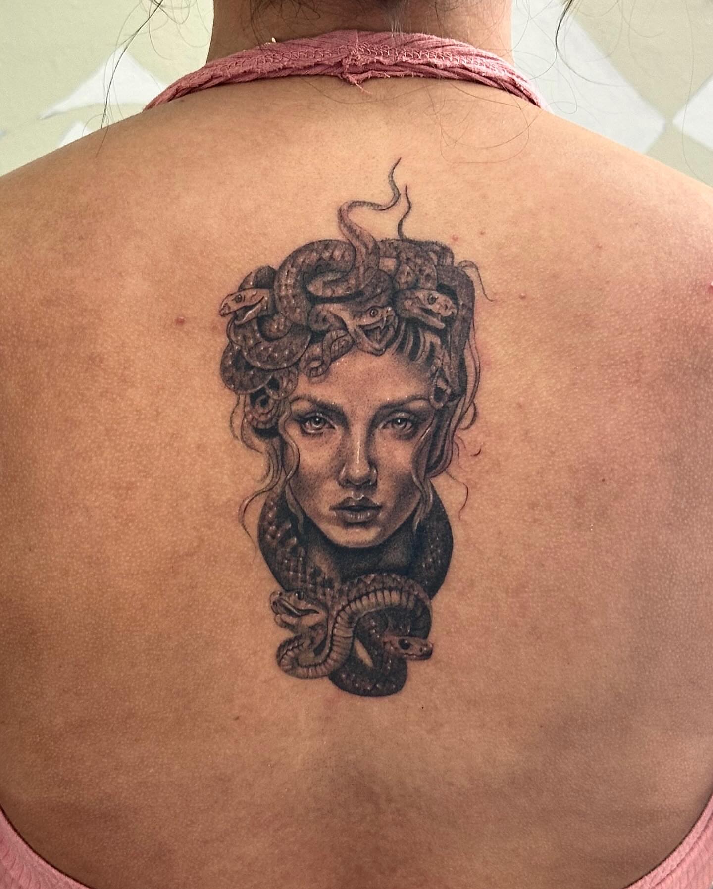 Medusa realism tattoo on the back by Mystikal Blue Casares