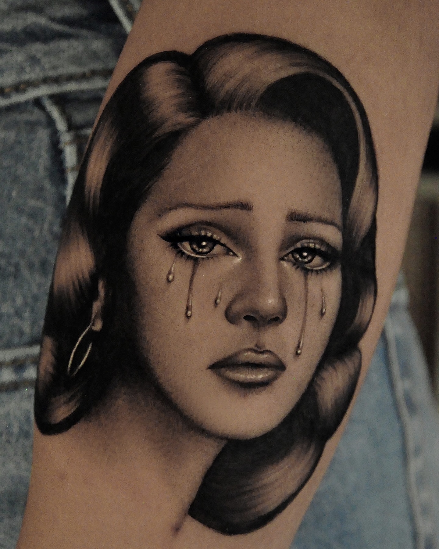 Tearful woman realism tattoo on the forearm by hiba ⊹ atlanta tattoo artist, Johns Creek, Georgia