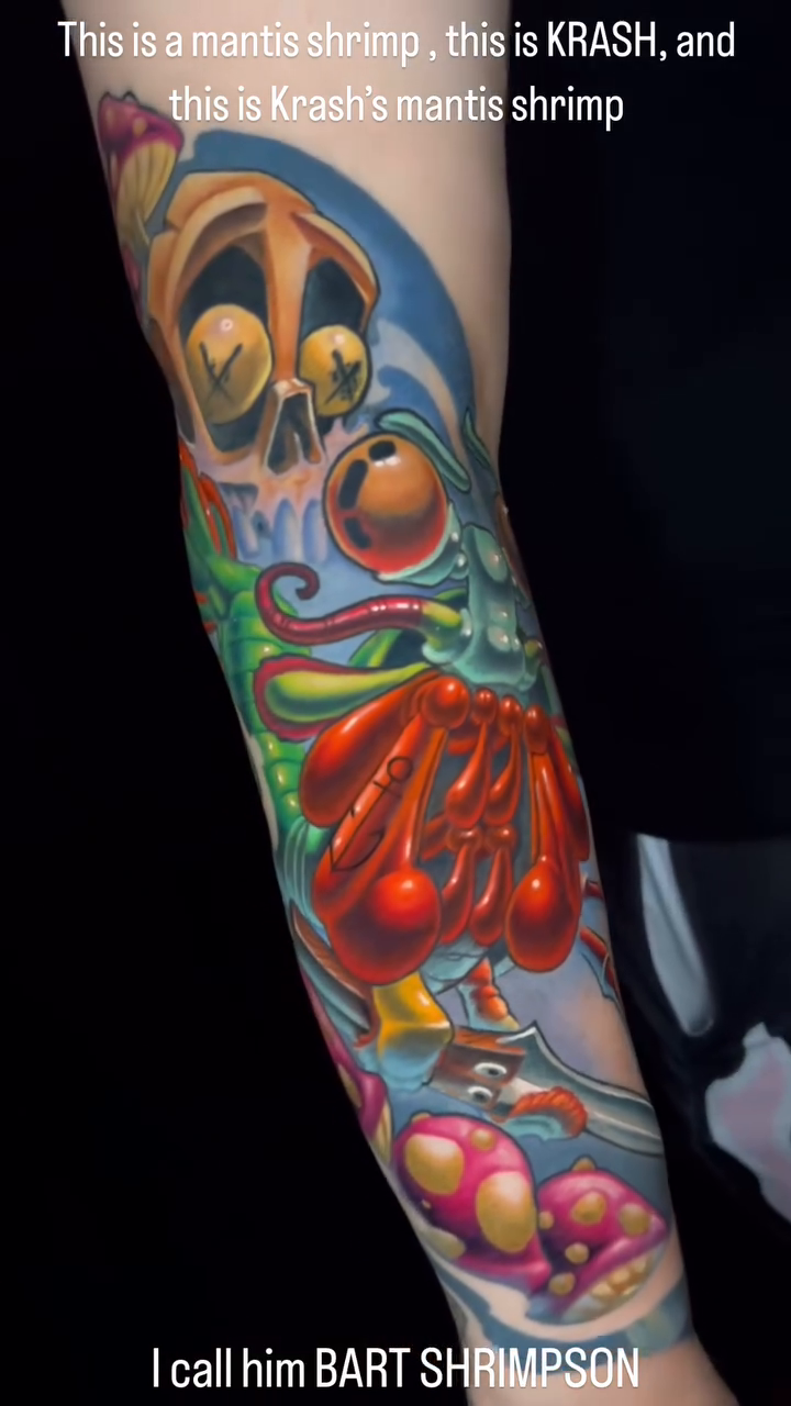 Mantis shrimp and skull new school tattoo by Albuquerque Tattoo Artist, Albuquerque, New Mexico
