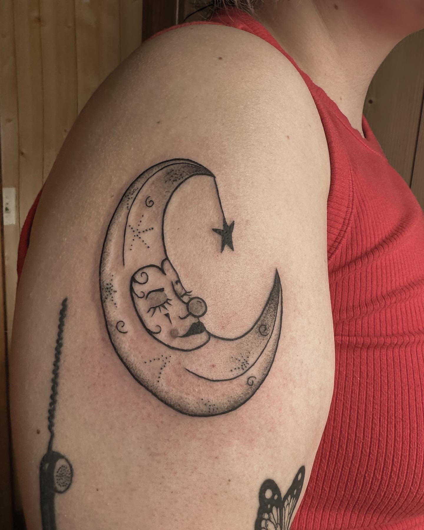 Moon and sleeping baby dotwork tattoo on the shoulder by πππππππππ β ππππ ππππ ππππ ππππππ ππππππ, Salt Lake City, Utah