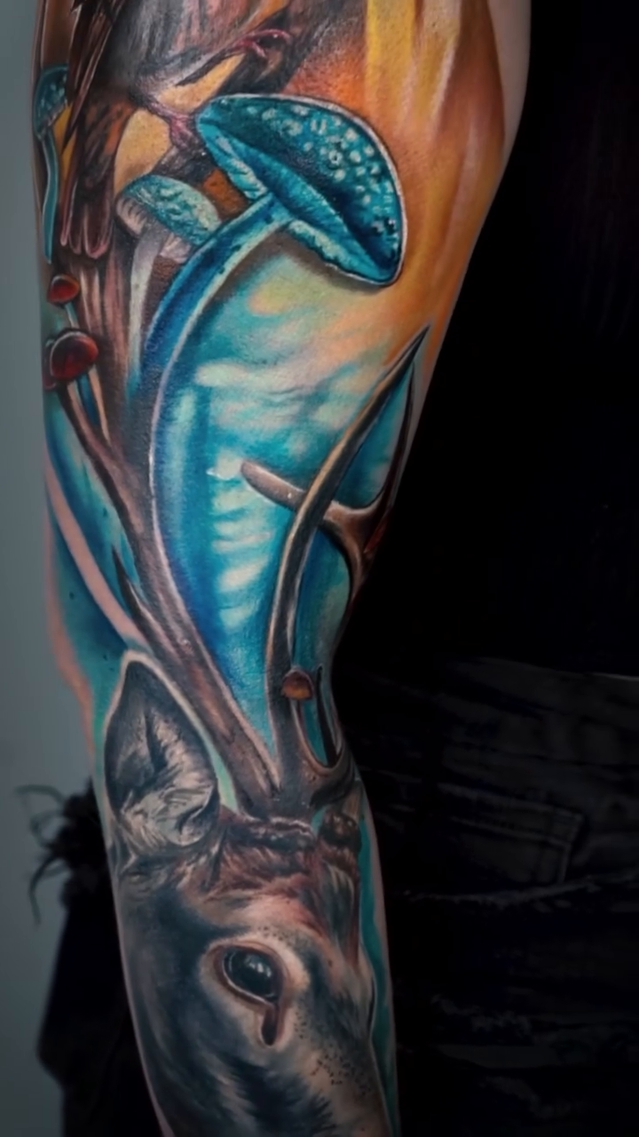Wolf and mushrooms realism tattoo by Maryssa Anne