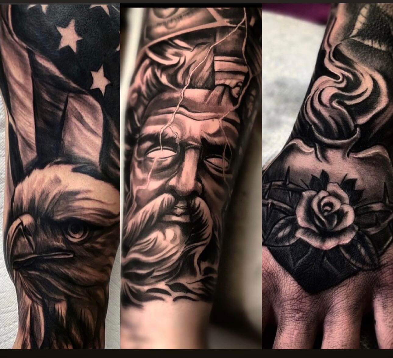 American eagle, Zeus, rose American traditional tattoo on the forearm by ♟️SouthEastLA♟️