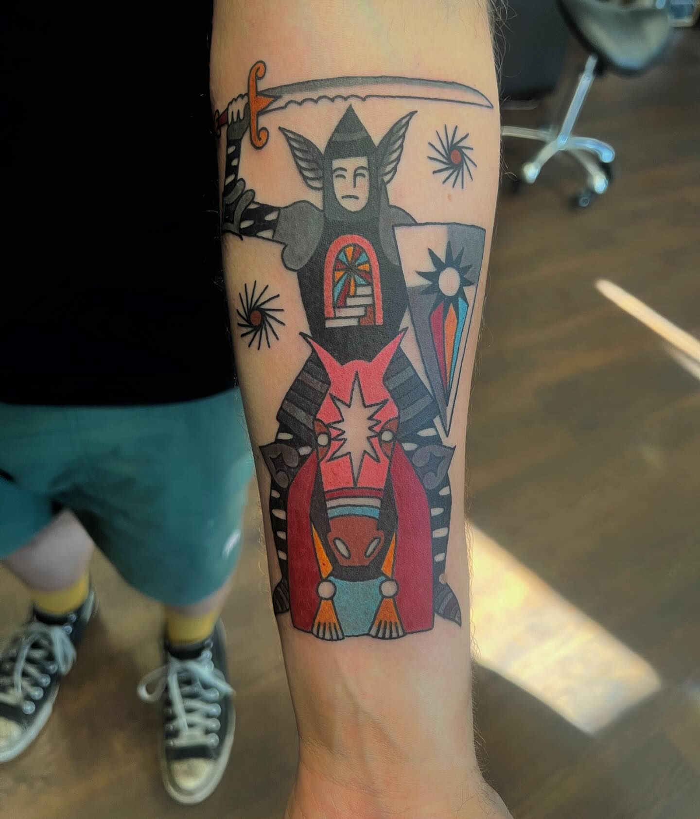 Religious iconography American traditional tattoo on the forearm by Manee Friday