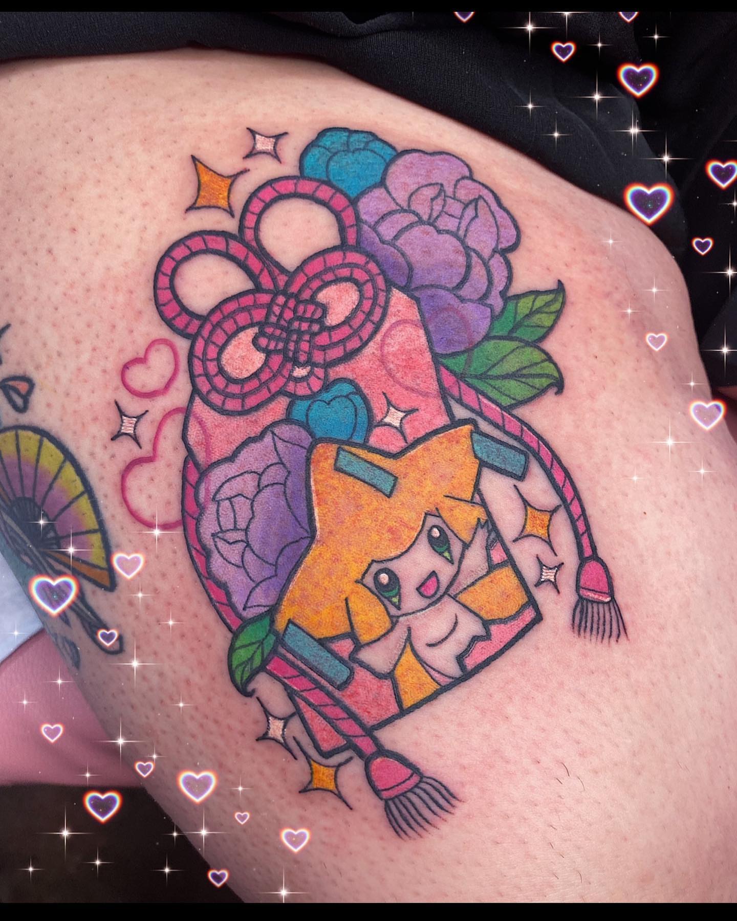 Star character with roses American traditional tattoo on the thigh by ♡ Demi ♡