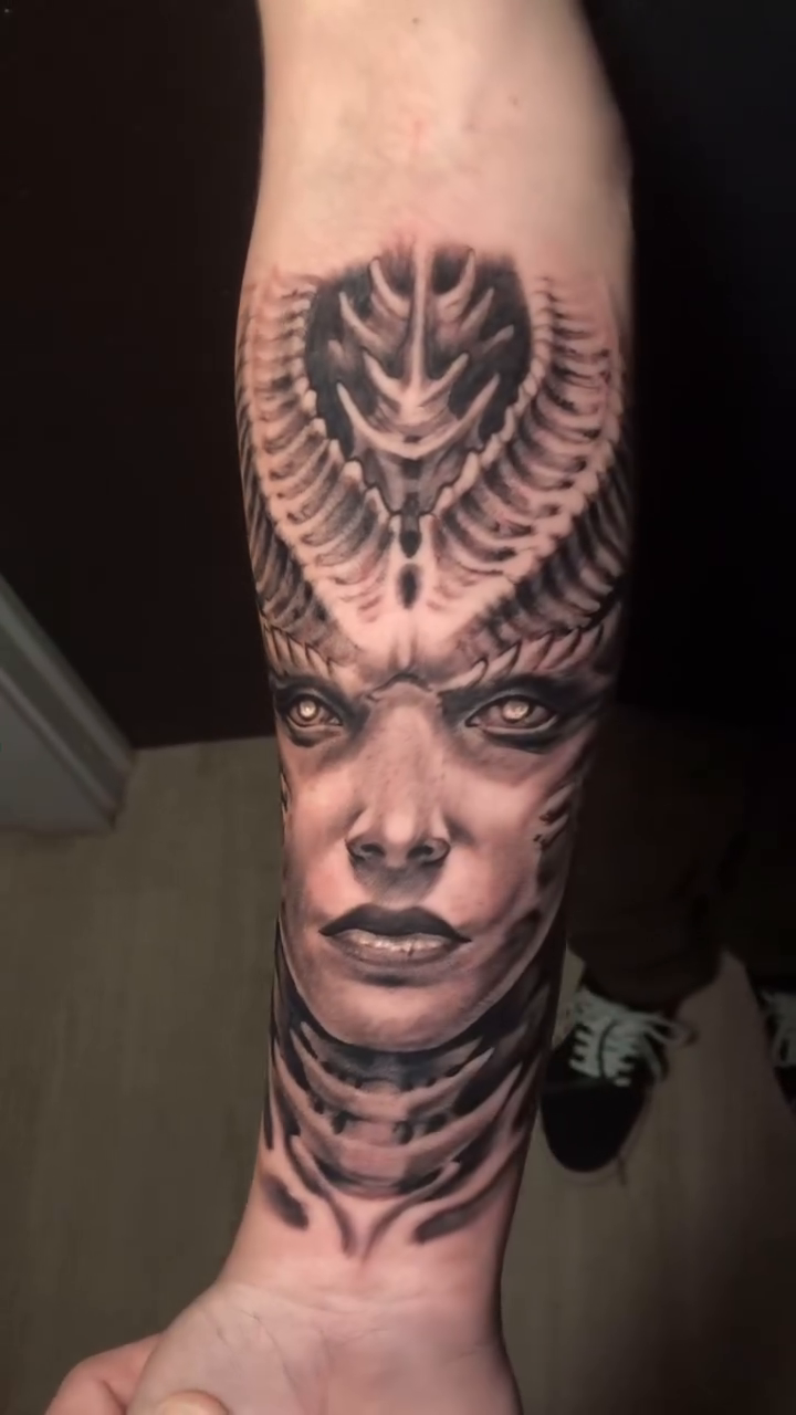 Demonic woman dark realism tattoo by Oak Adams