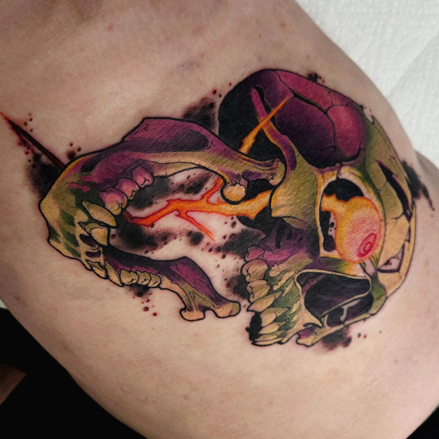 Abstract creature watercolor tattoo on the thigh by Justin Byrd, Kansas City, Missouri