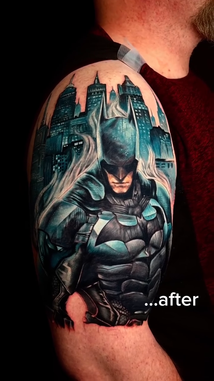 Batman in a city realism tattoo by Keebs