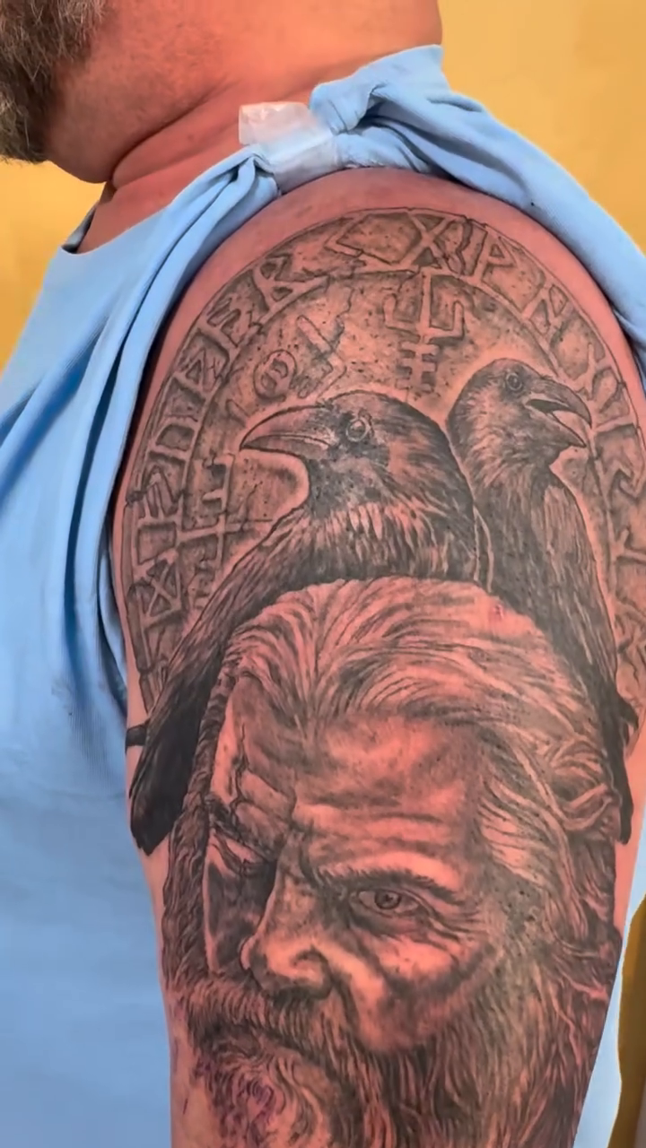 Viking portrait with ravens realism tattoo by Iconic Ink, Millbury, Massachusetts