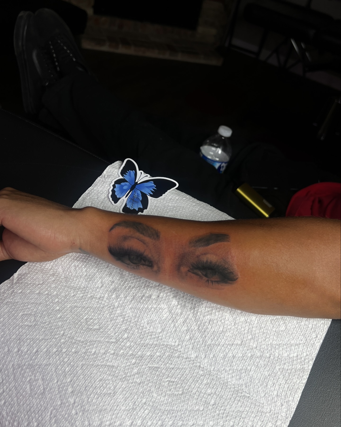 Eyelashes black and grey tattoo on the forearm by Hannah Marie ๐ฆ, Benbrook, Texas