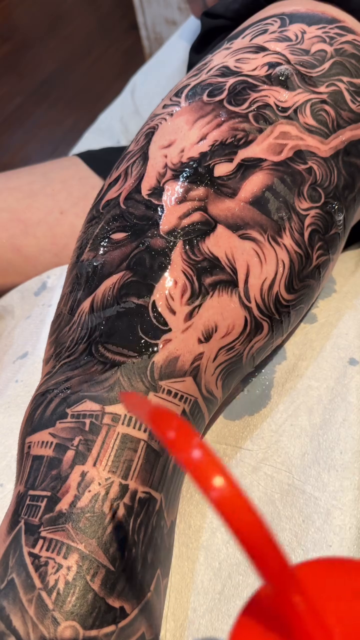 Greek god and architecture realism tattoo by 𝐉𝐨𝐧 𝐒𝐚𝐧𝐭𝐨𝐬
