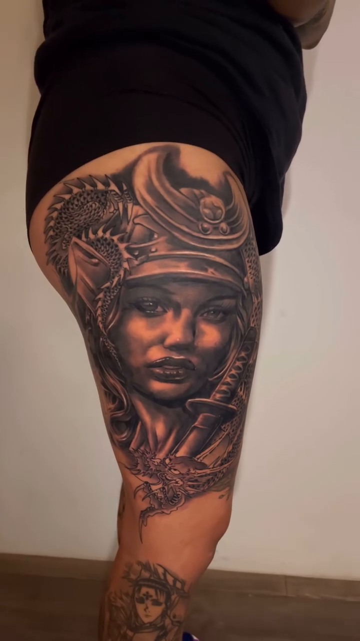 Samurai woman portrait realism tattoo by inkzombi