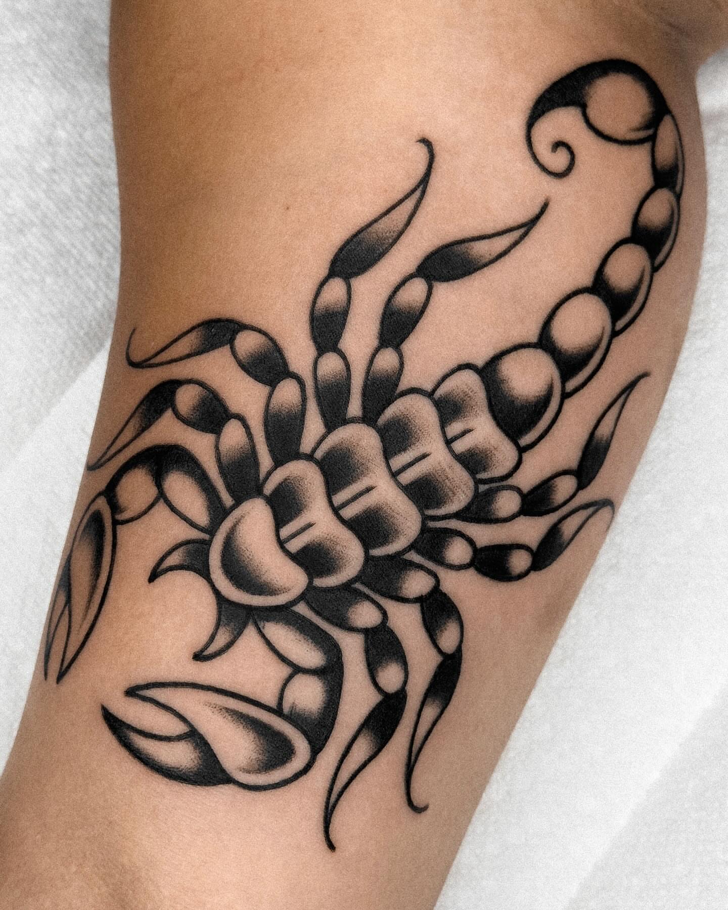 Scorpion black and grey tattoo on the forearm by Samuel Dickey