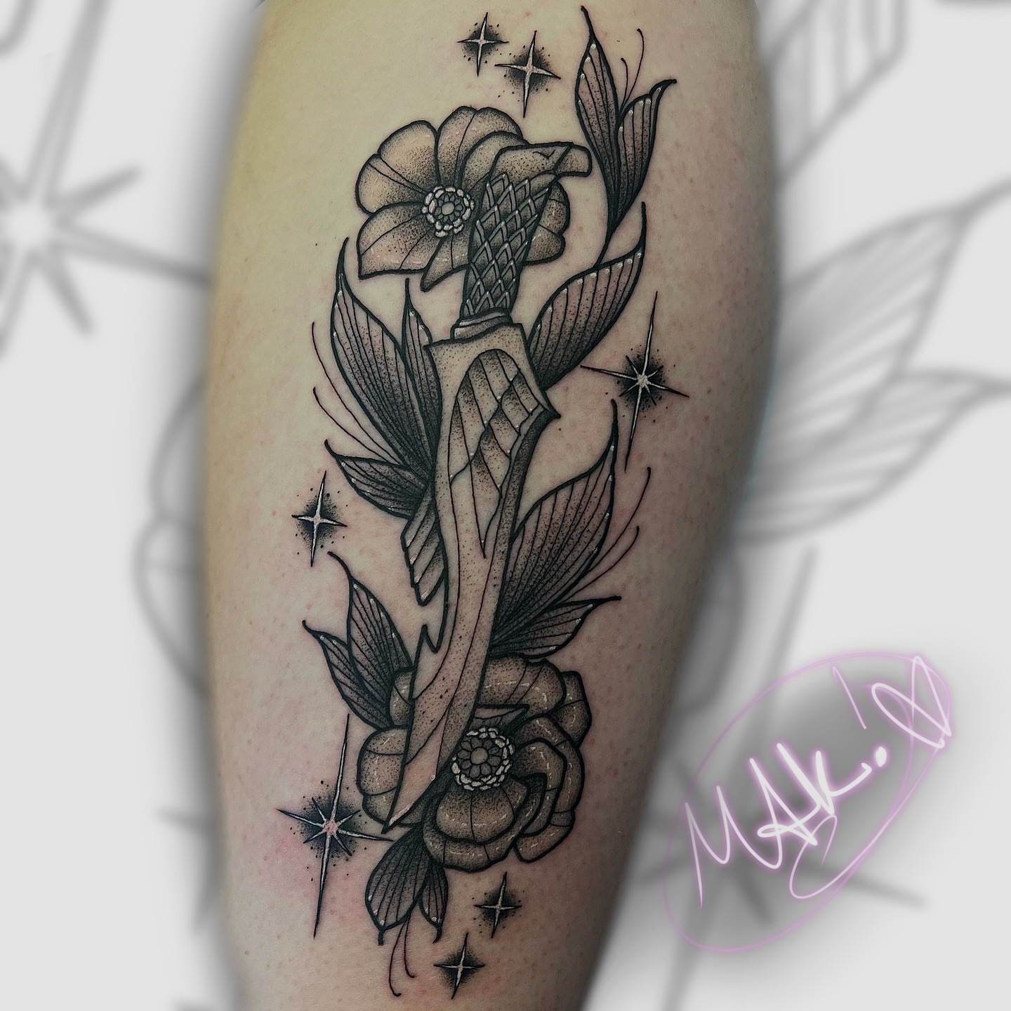 Tattoo by @probablymakayla — black_and_grey, dotwork