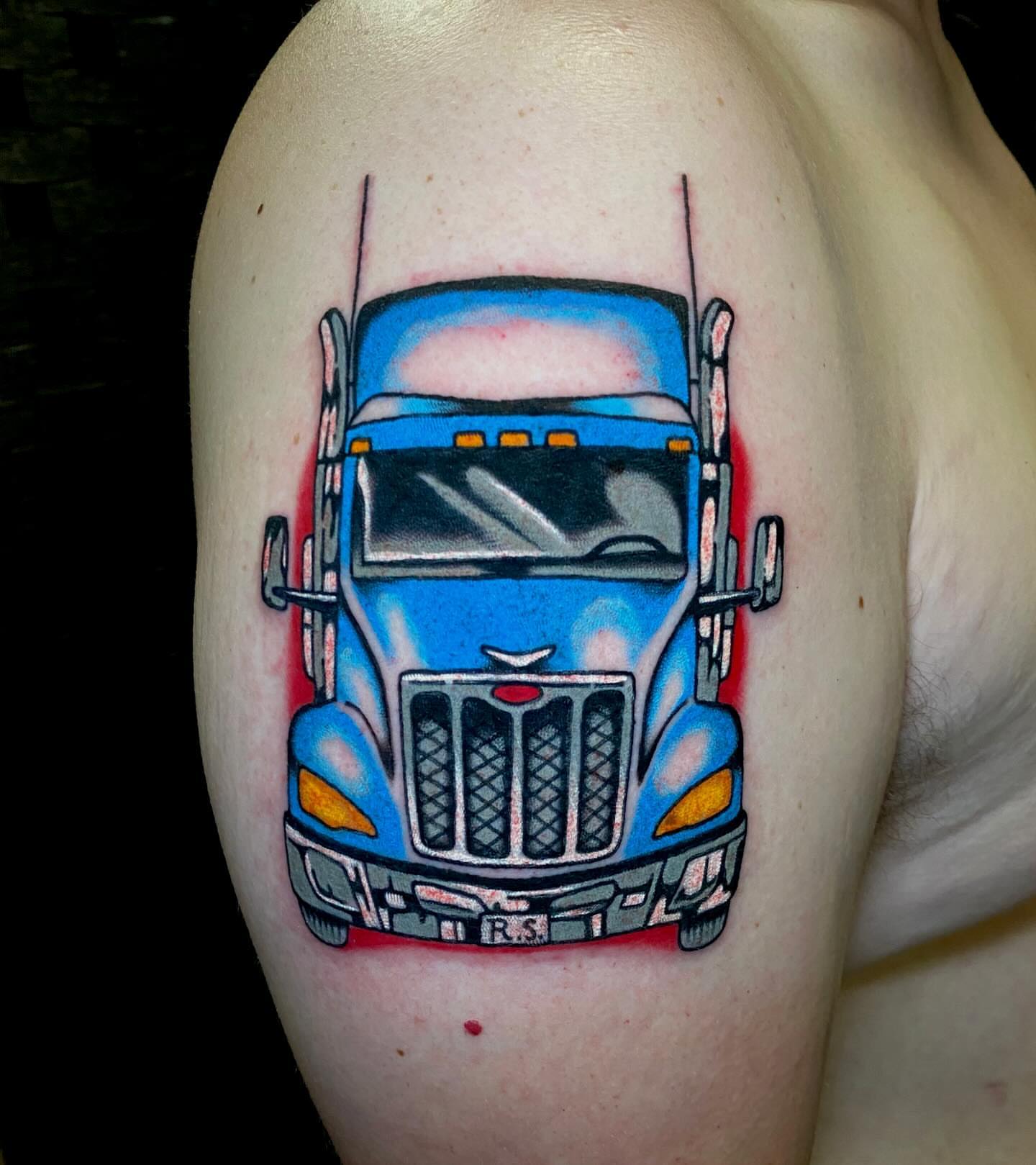 Semi-truck realism tattoo on the shoulder by Justin R. Mitchell, Fort Worth, Texas