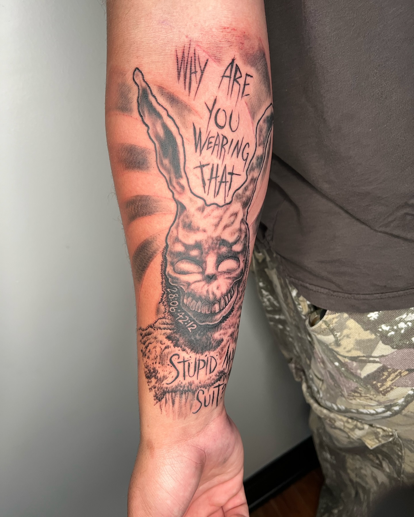 Rabbit head black and grey tattoo on the forearm by Vincent C DiBiaso, Covington, Kentucky