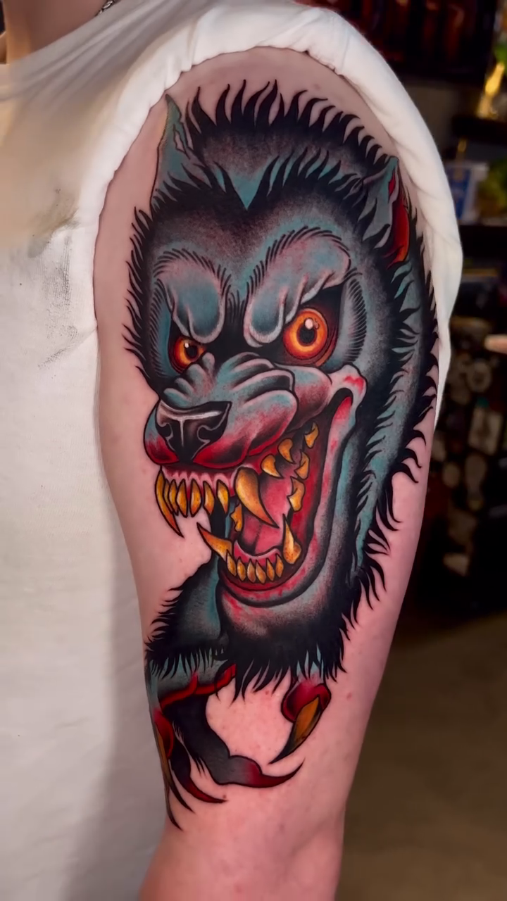 Werewolf head neo-traditional tattoo by Lexi Kniskern