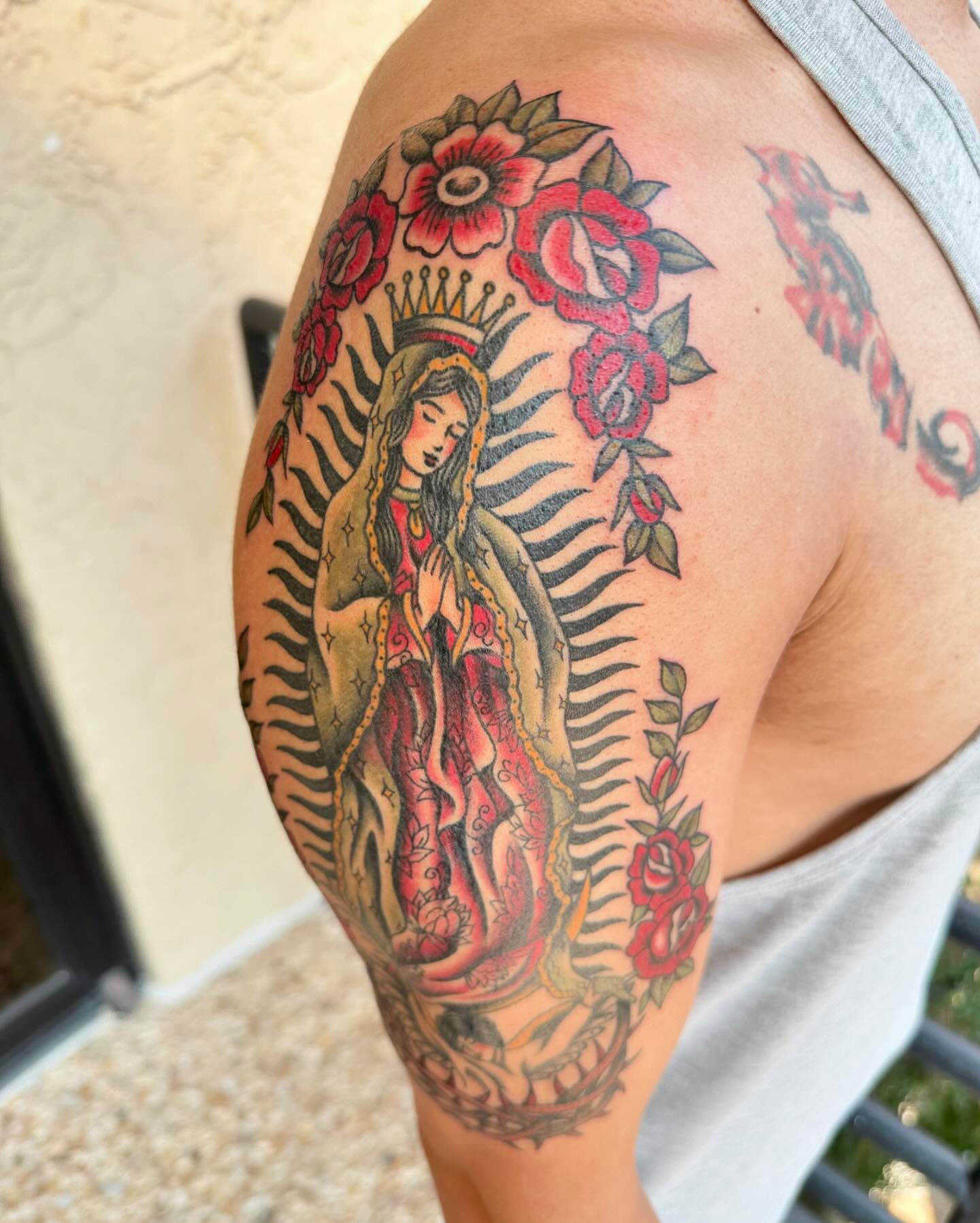 Our Lady of Guadalupe American traditional tattoo on the shoulder by Jess Ritchie, Austin, Texas
