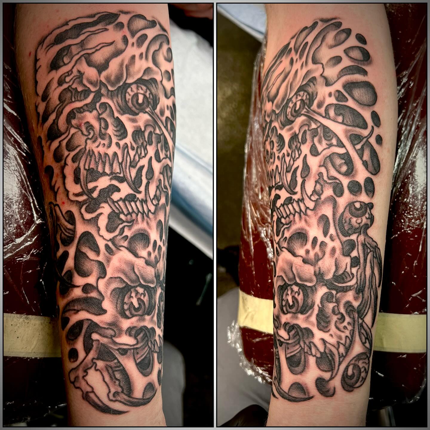 Skull black and grey tattoo on the forearm by Dustin Hysell