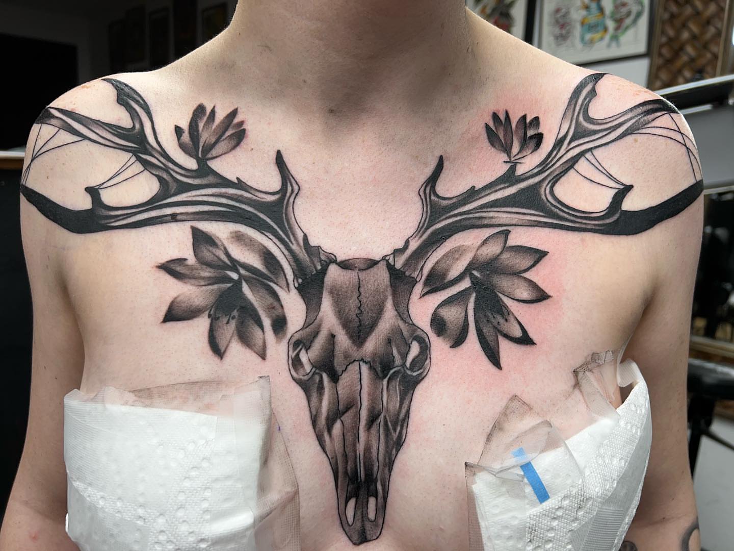 Deer skull and antlers realism tattoo on the chest by Matthew Arguello