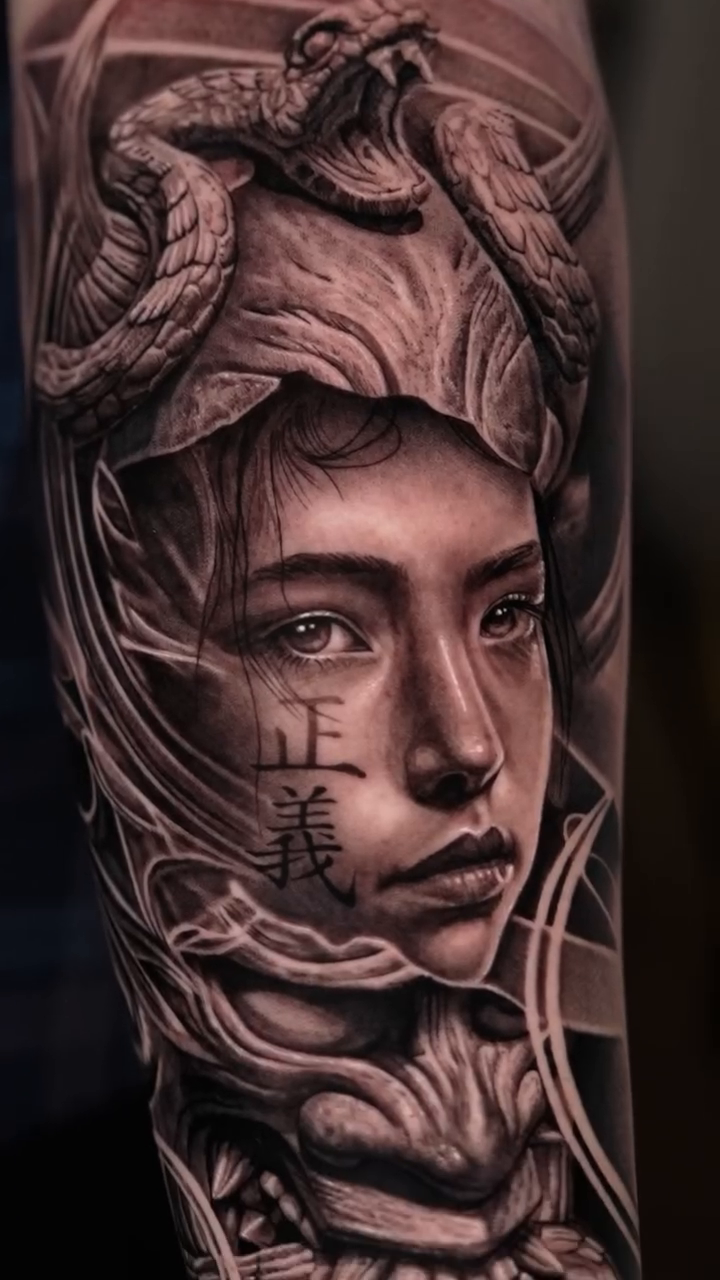 Medusa and Oni mask realism tattoo by Steven tattoo