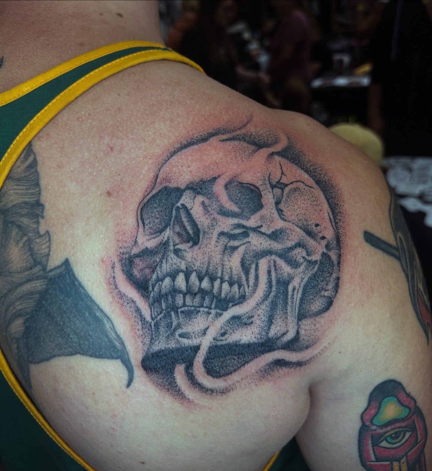 Skull realism tattoo on the shoulder by Myles Manuel Lopez, Phoenix, Arizona