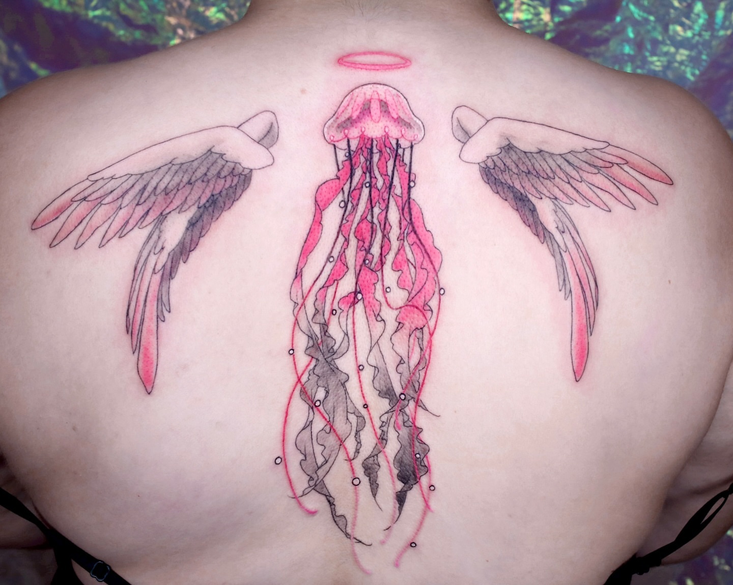 Jellyfish with wings dotwork tattoo on the back by 밍꽈 타투