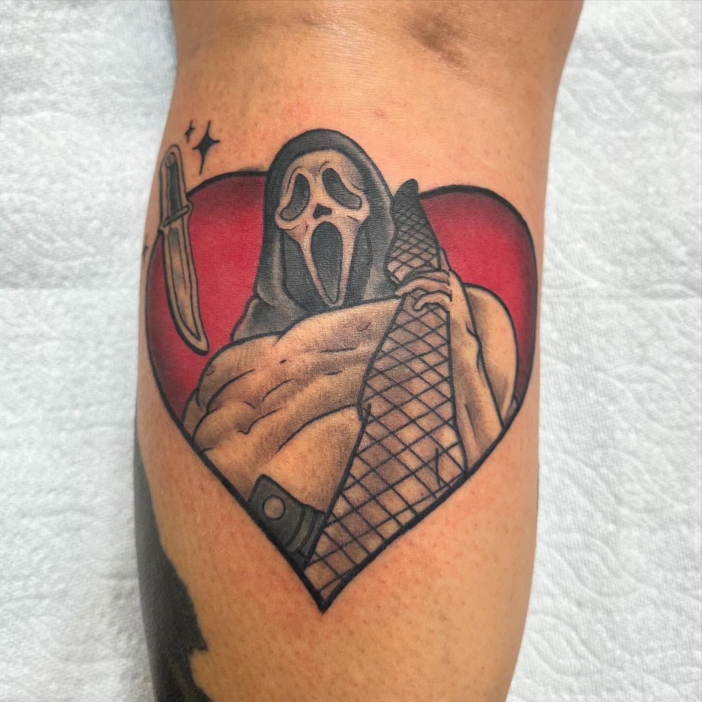 Ghostface American traditional tattoo on the forearm by mychaela ๐ฑ