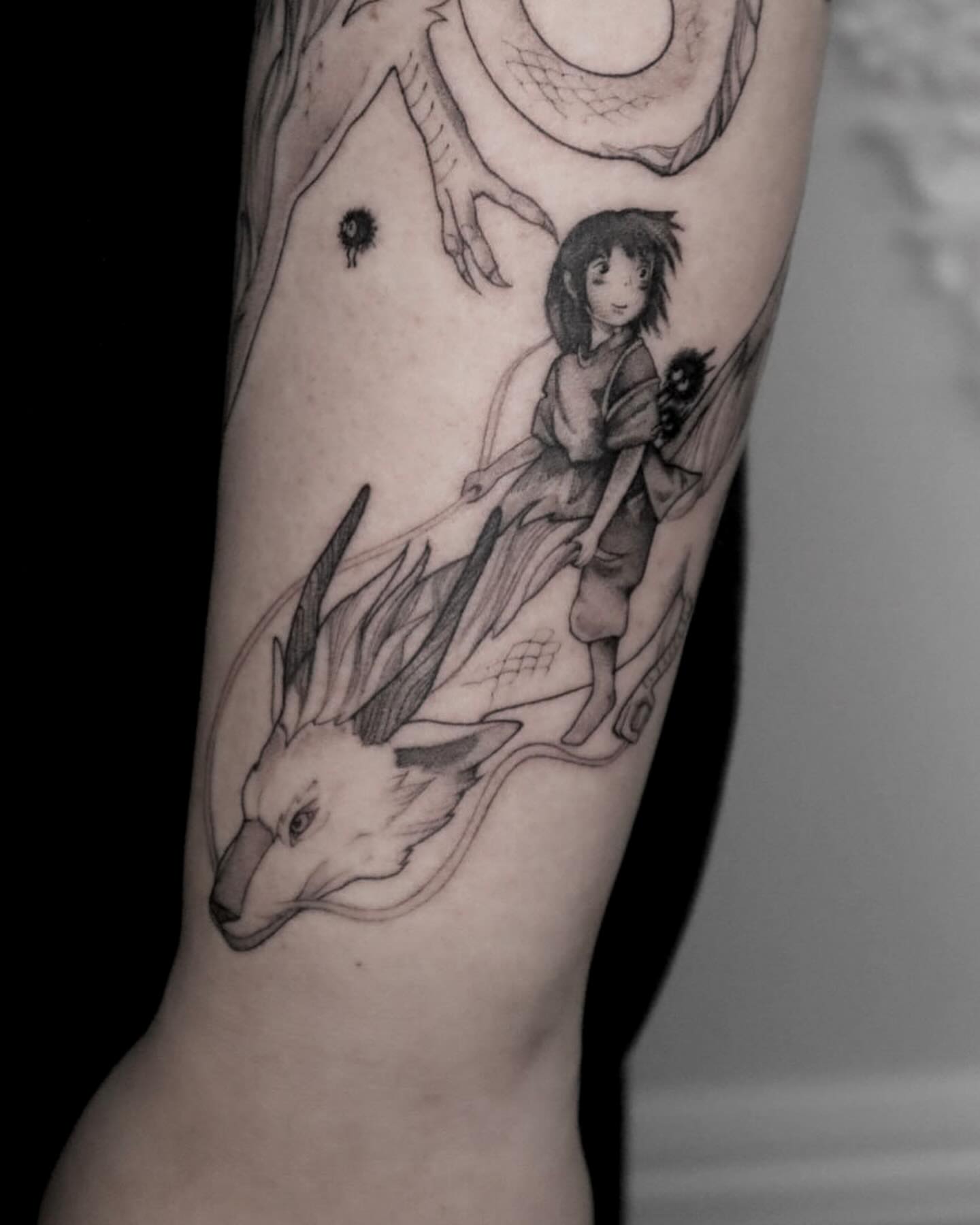 Tattoo by @rit13_ink — anime, black_and_grey