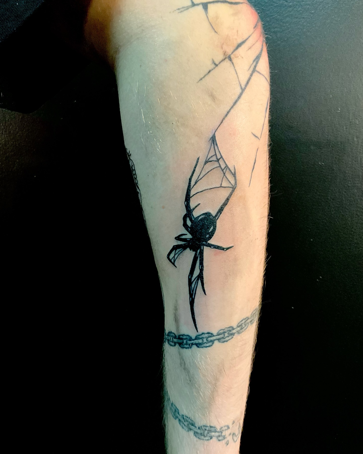 Spider black and grey tattoo on the forearm by 𝕷𝖚𝖈𝖎𝖉
