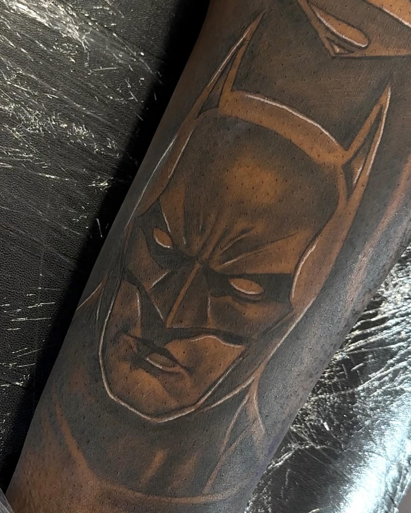 Batman mask black and grey tattoo on the forearm by Tatt2T (T King)