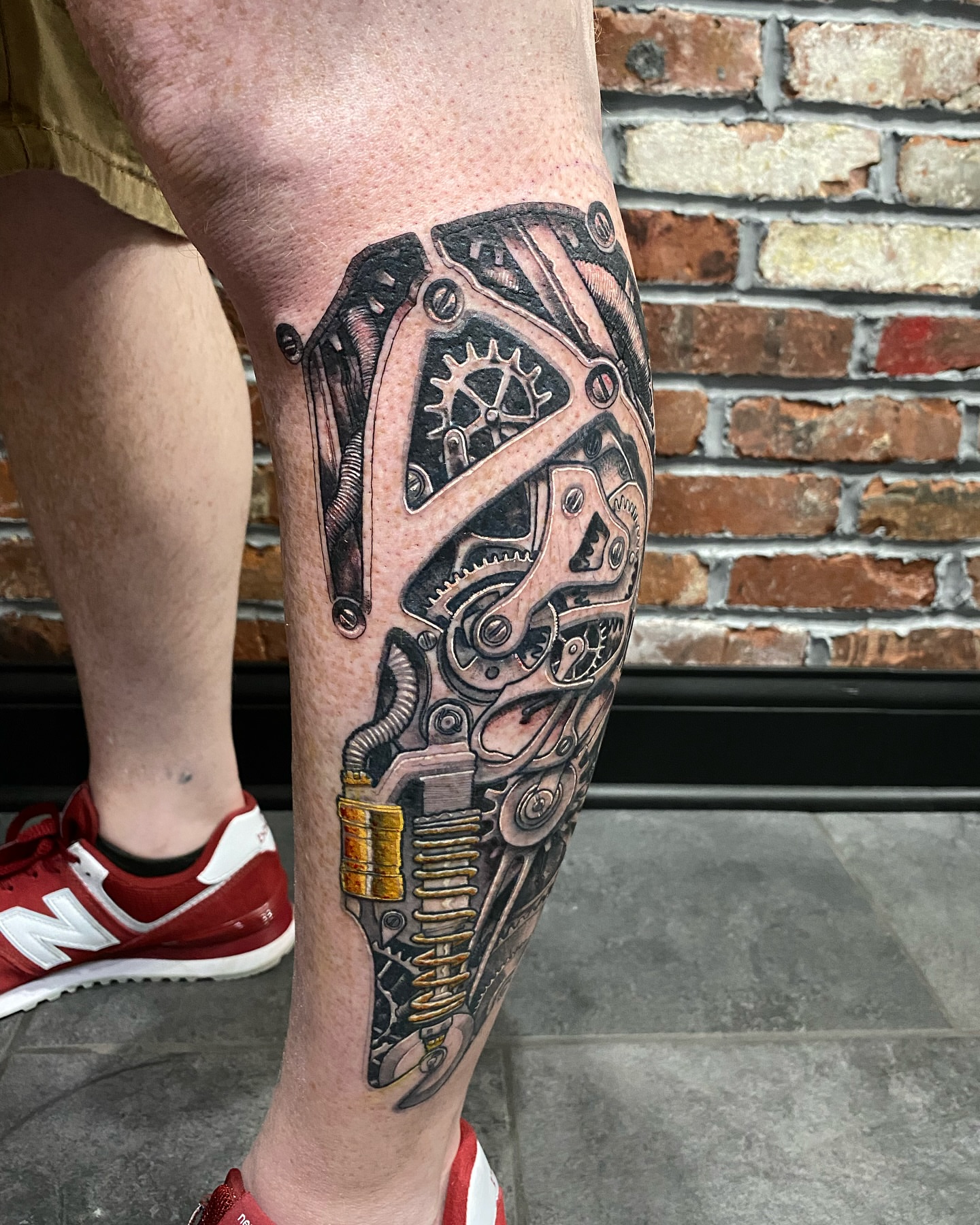 Mechanical gear geometric tattoo on the calf by Vincent C DiBiaso, Covington, Kentucky