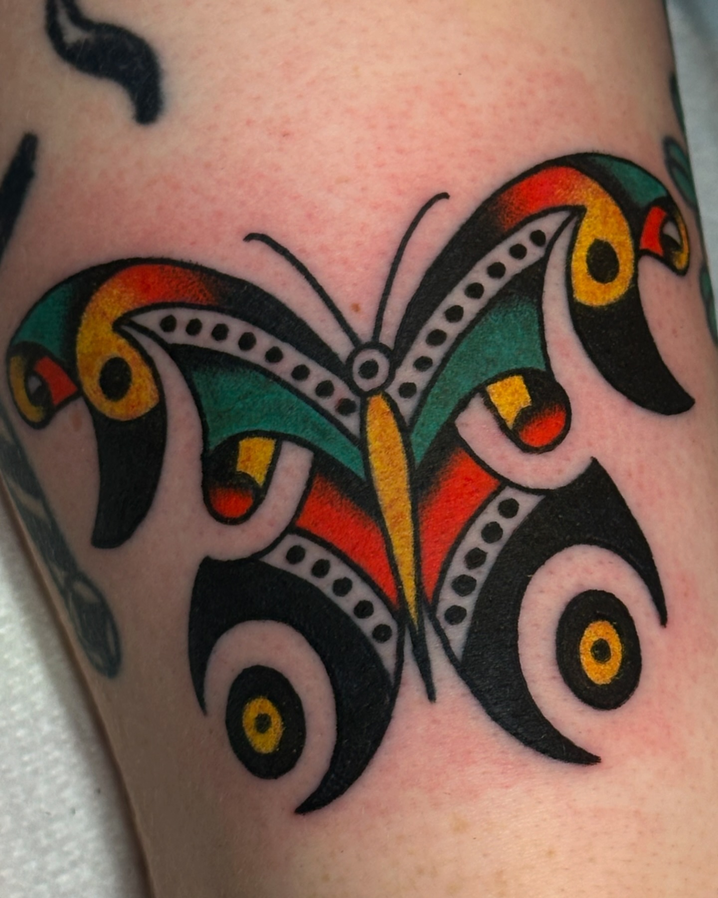 Butterfly American traditional tattoo on the forearm by Britney Goodman