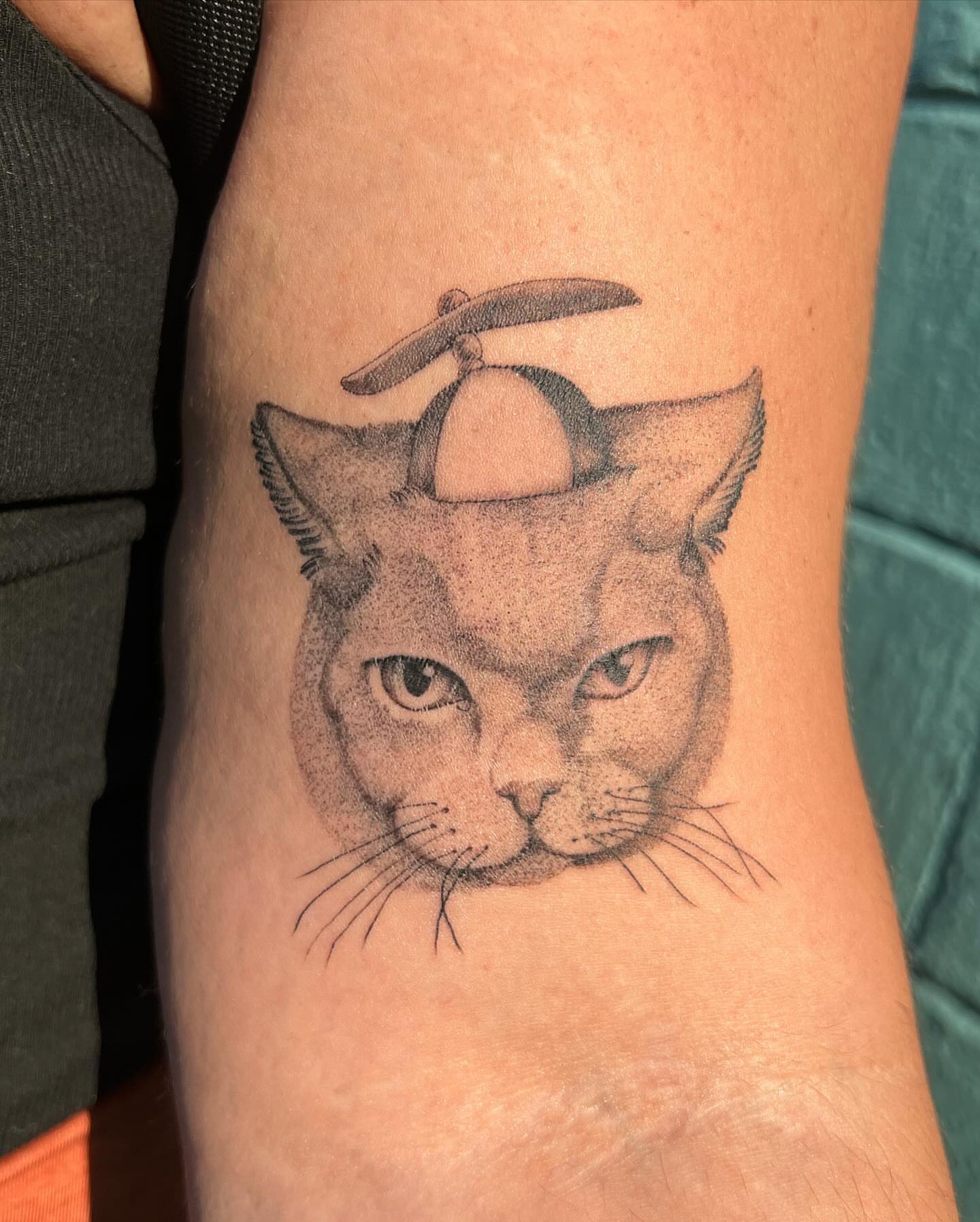 Cat with hammer realism tattoo on the forearm by Amber Lea, Kansas City, Kansas