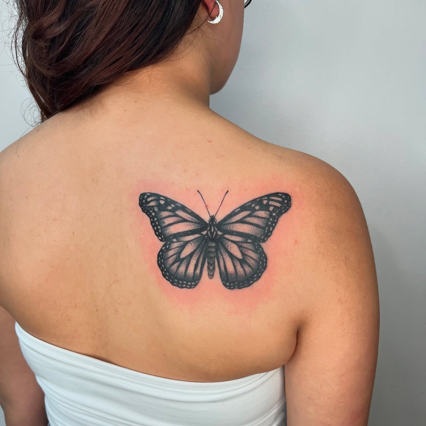Butterfly black and grey tattoo on the back by ⊹ ࣪ ₊✩‧₊˚ 𝖘 𝖙 𝖊 𝖕 𝖍 𝖆 𝖓 𝖎 𝖊 ˚₊‧✩₊ ࣪ ⊹