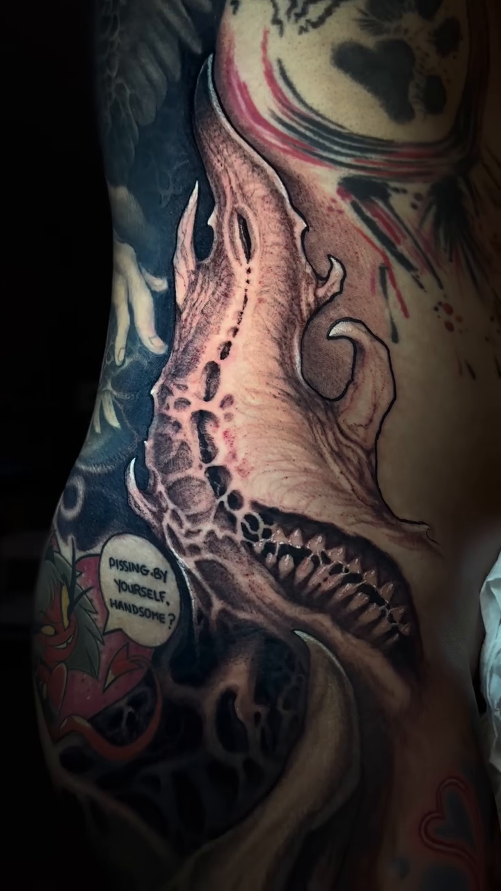 Tattoo by @aaronmtattoos — dark_realism, black_and_grey