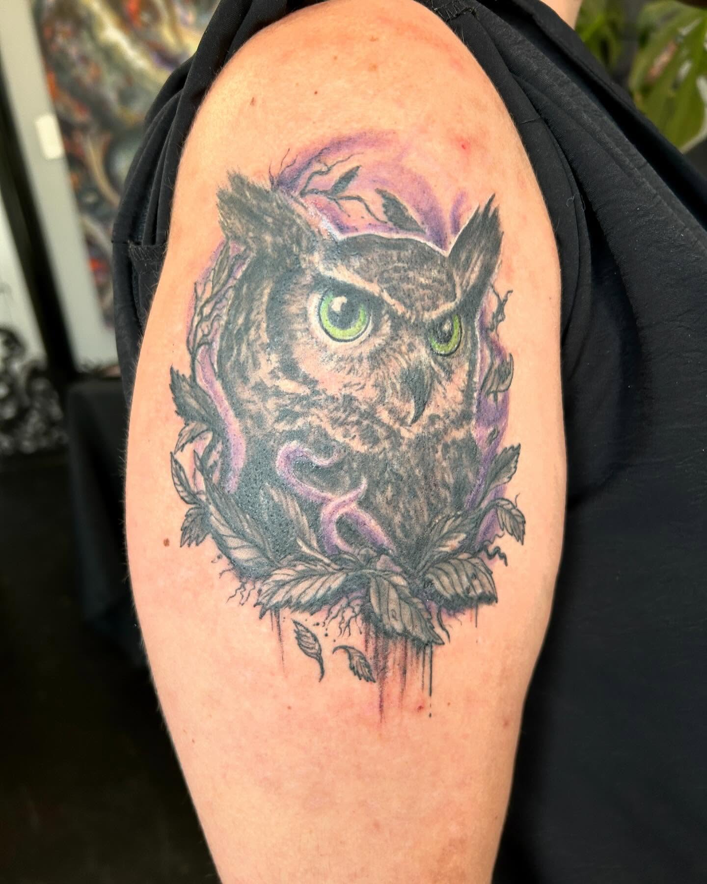 Owl realism tattoo on the upper arm by B Hendrix, Cuyahoga Falls, Ohio
